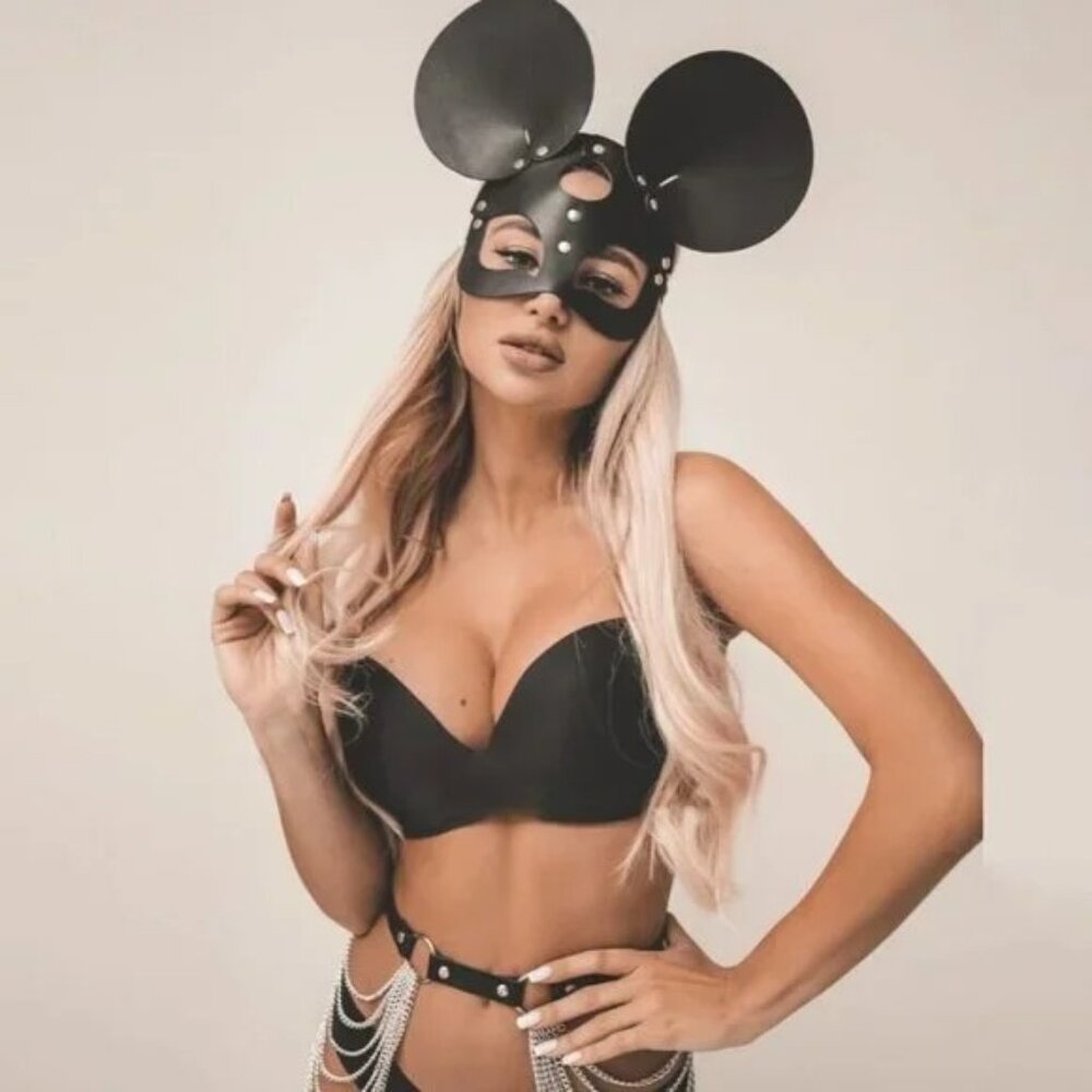 BLACK Leather Minnie Mouse Fetish Face Mask Slave Bondage BDSM Costume Cosplay - Picture 1 of 3